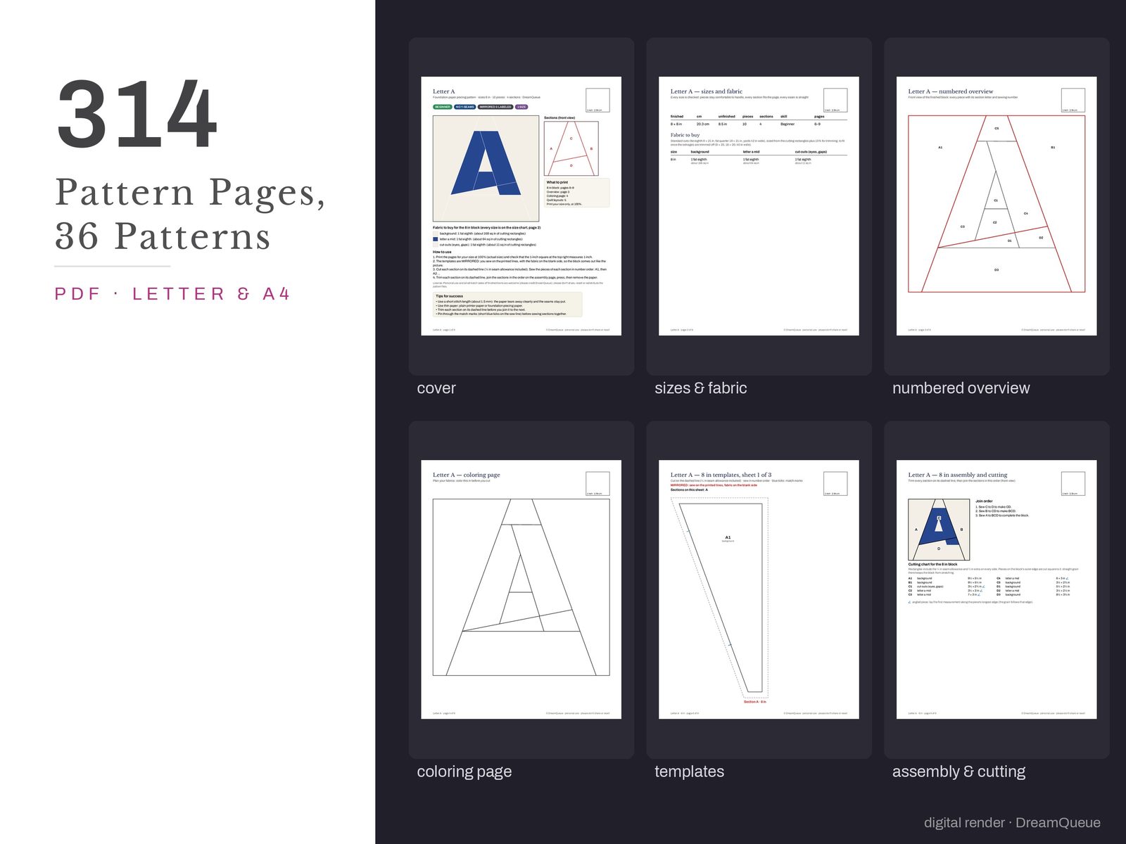 Thumbnails of the Alphabet bundle of 36 quilt blocks pattern pages: cover, size and fabric chart, numbered overview, coloring page, templates, assembly and cutting chart