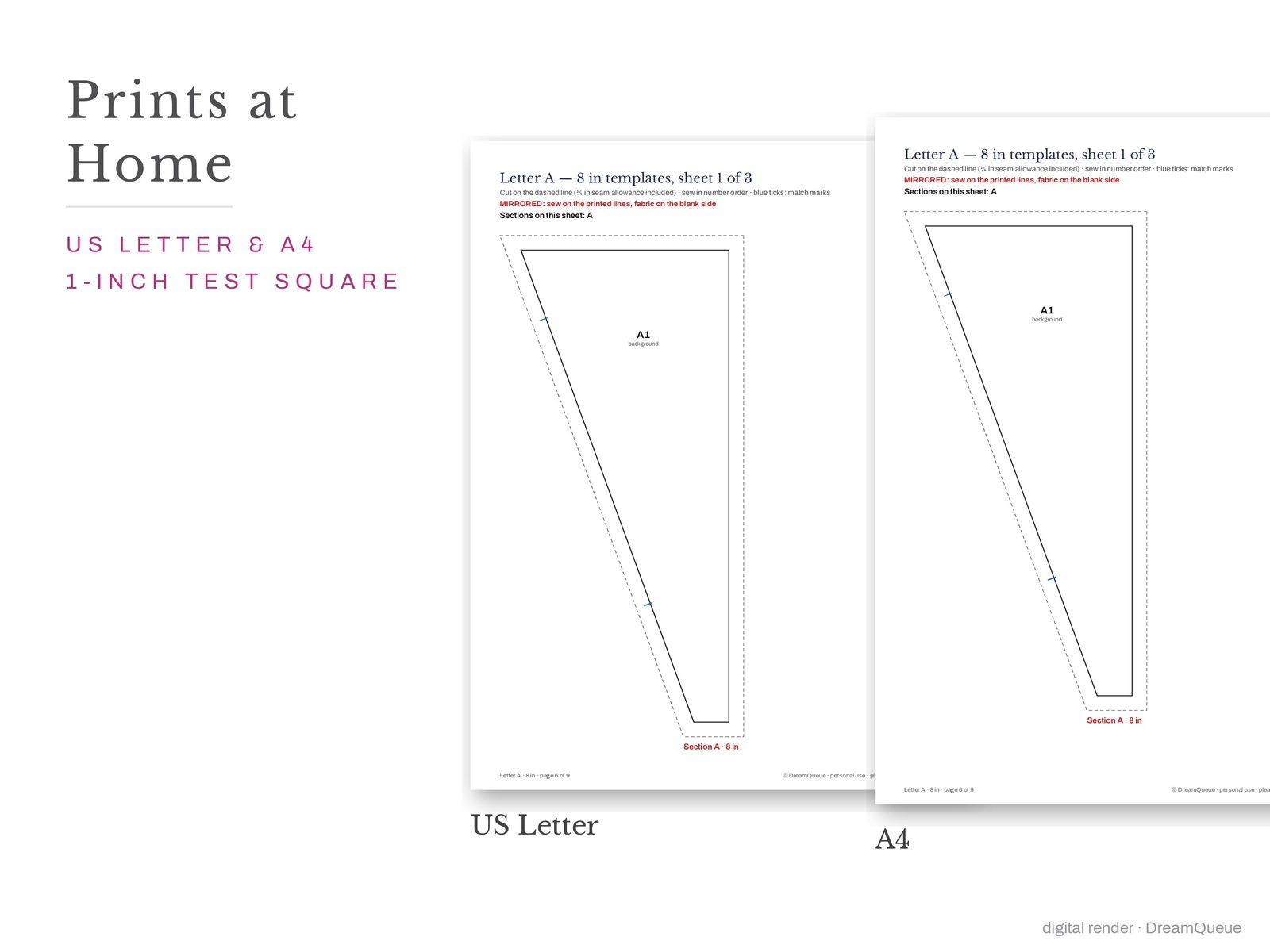Alphabet bundle of 36 quilt blocks templates printed on US Letter and A4 paper with a 1-inch test square to check the print scale