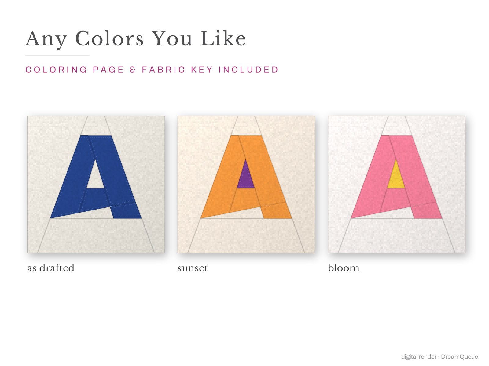 The Alphabet bundle of 36 quilt blocks in three colorways, as drafted, pastel and jewel tones; a coloring page and fabric key are included