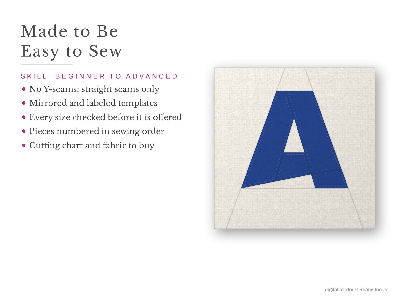 Alphabet Quilt Block Bundle: Skill level beginner to advanced: no Y-seams, mirrored and labeled templates, every size checked, pieces numbered in sewing order, cutting chart and fabric to buy