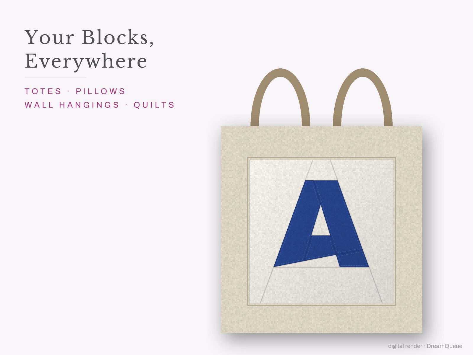 The Alphabet bundle of 36 quilt blocks sewn into a tote bag, one idea for totes, pillows, wall hangings and quilts