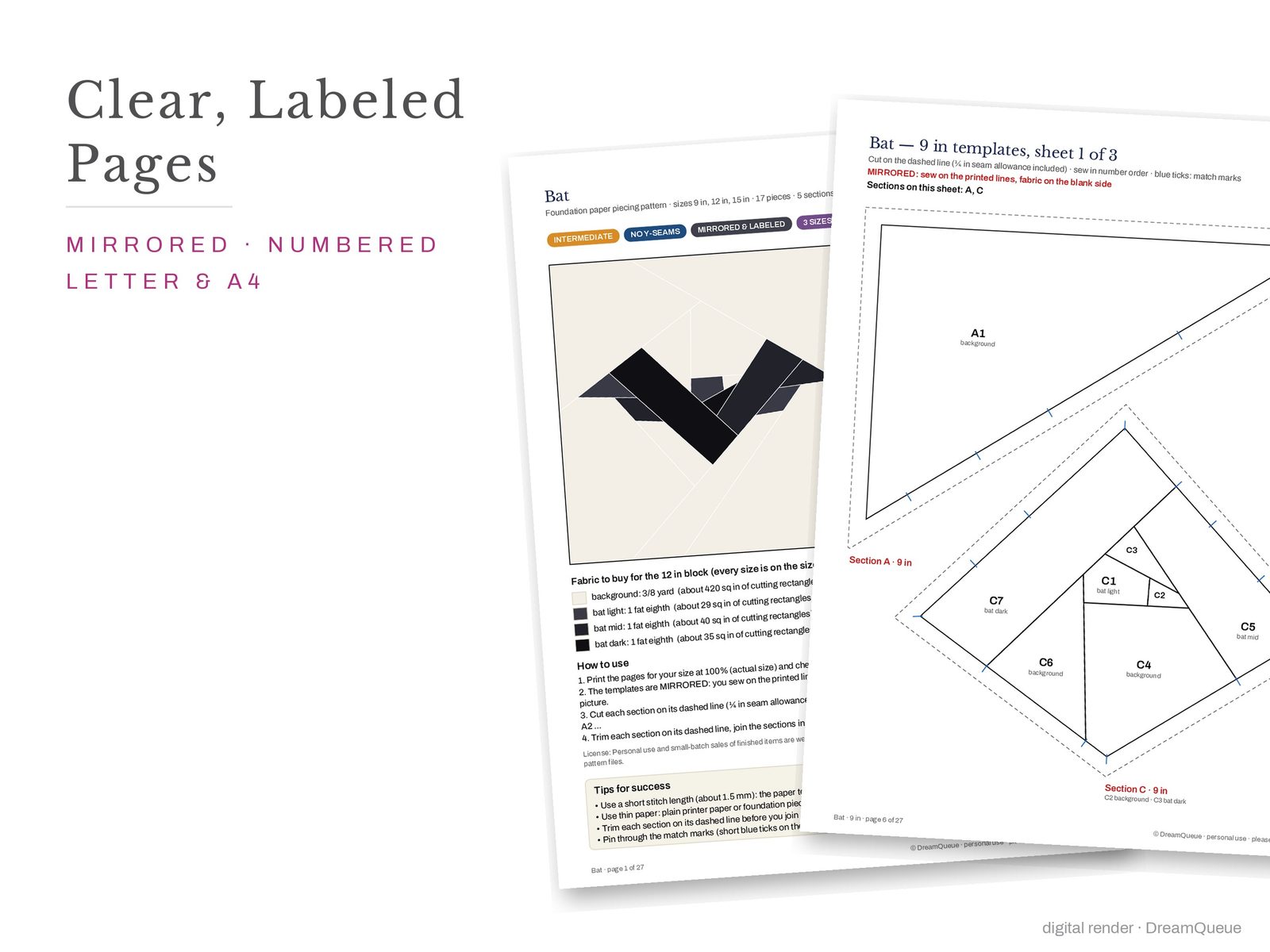 Bat: Cover page and a mirrored, numbered template sheet from the Bat quilt block FPP pattern