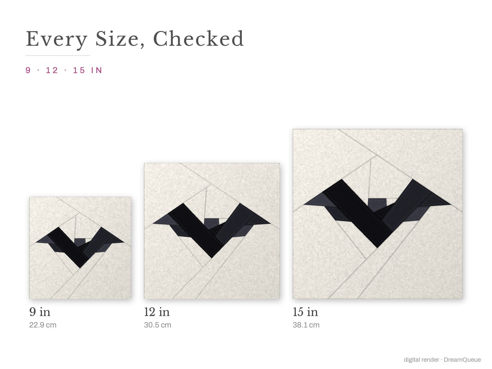 Bat: The Bat quilt block at every finished size: 9, 12 and 15 inch