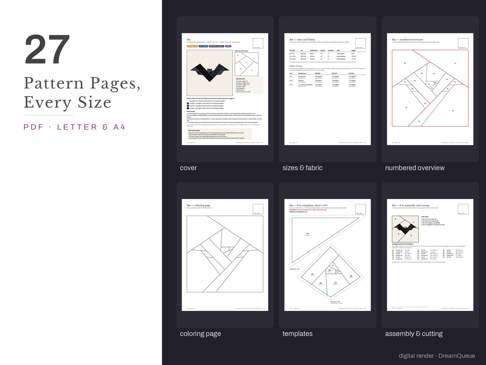 Bat: Thumbnails of the Bat quilt block pattern pages: cover, size and fabric chart, numbered overview, coloring page, templates, assembly and cutting chart