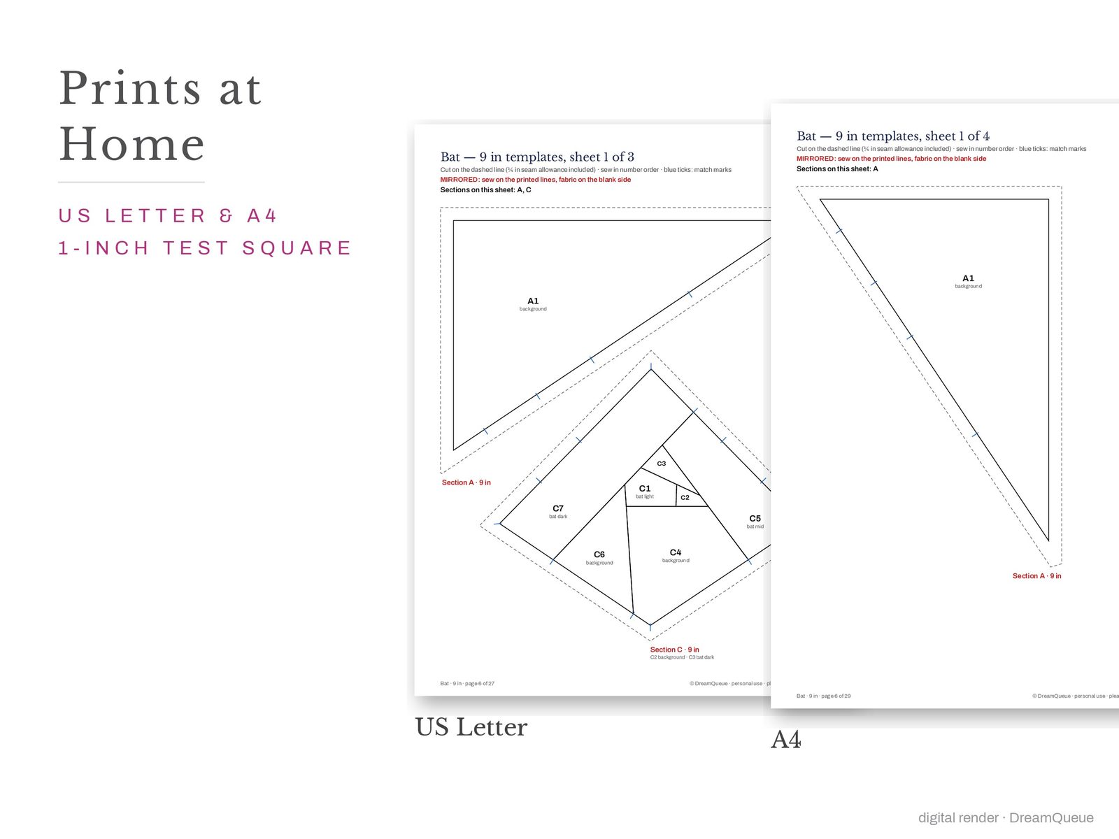 Bat: Bat quilt block templates printed on US Letter and A4 paper with a 1-inch test square to check the print scale