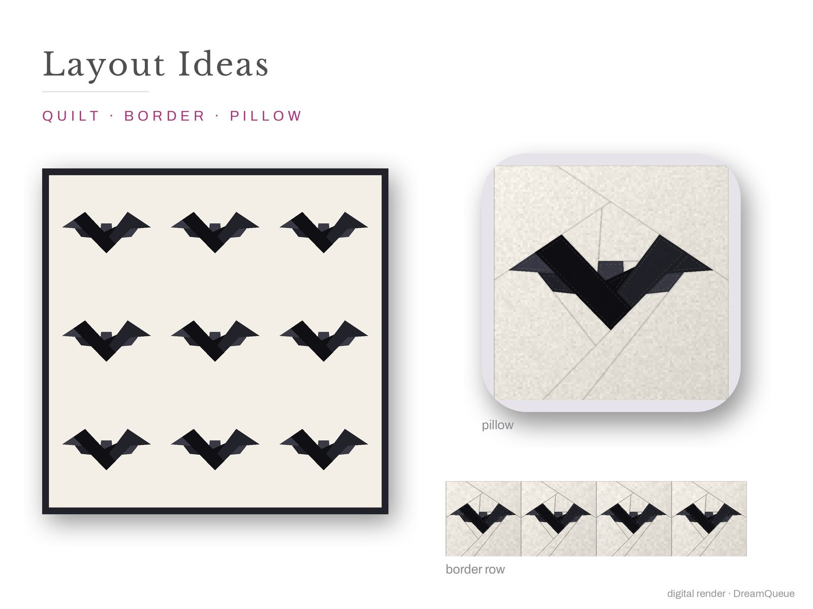Bat: Layout ideas for the Bat quilt block: a full quilt, a border row and a pillow
