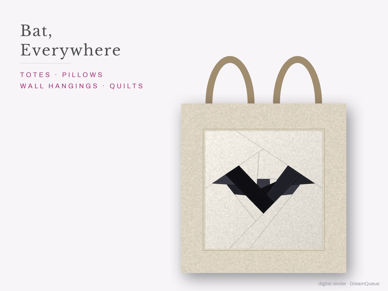 Bat: The Bat quilt block sewn into a tote bag, one idea for totes, pillows, wall hangings and quilts
