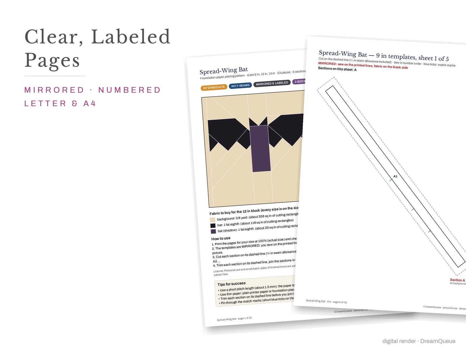 Cover page and a mirrored, numbered template sheet from the Spread-Wing Bat quilt block FPP pattern