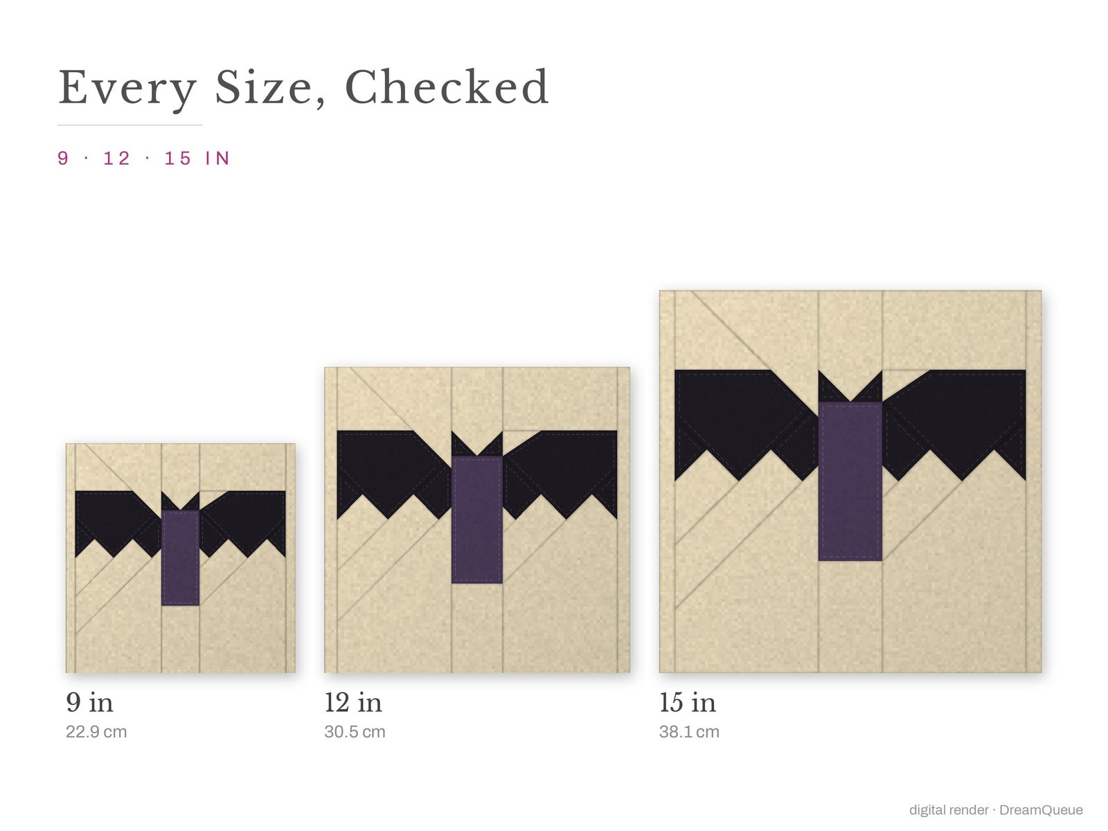 The Spread-Wing Bat quilt block at every finished size: 9, 12 and 15 inch
