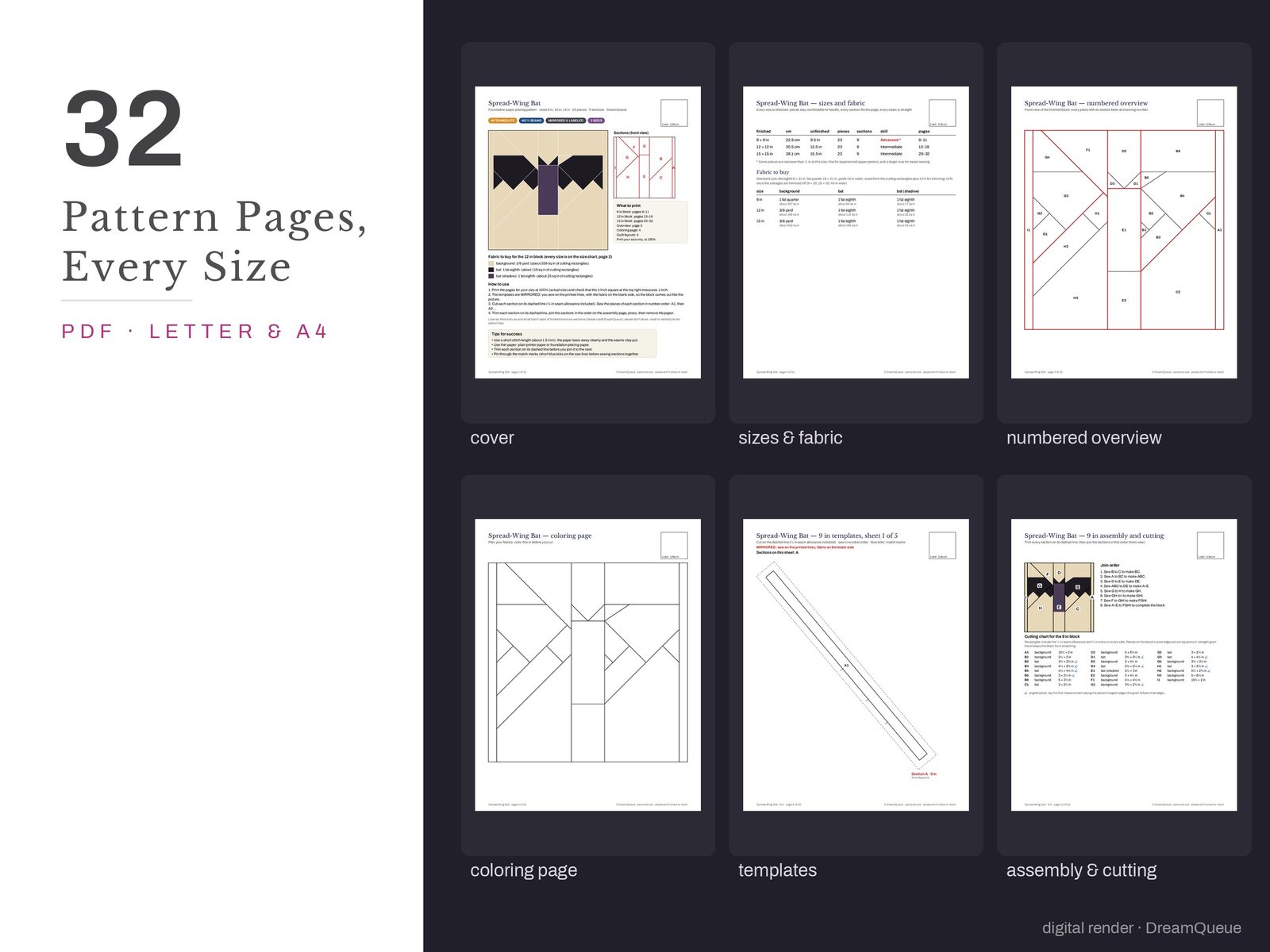 Thumbnails of the Spread-Wing Bat quilt block pattern pages: cover, size and fabric chart, numbered overview, coloring page, templates, assembly and cutting chart