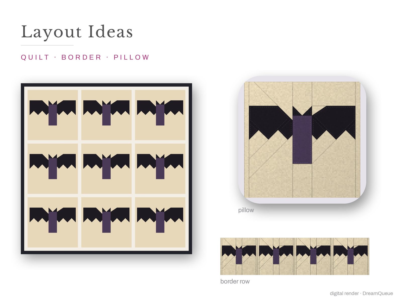 Layout ideas for the Spread-Wing Bat quilt block: a full quilt, a border row and a pillow