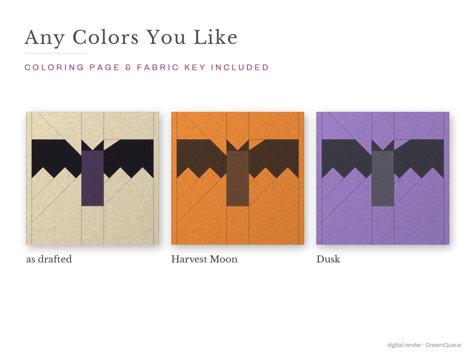 The Spread-Wing Bat quilt block in three colorways, as drafted, pastel and jewel tones; a coloring page and fabric key are included