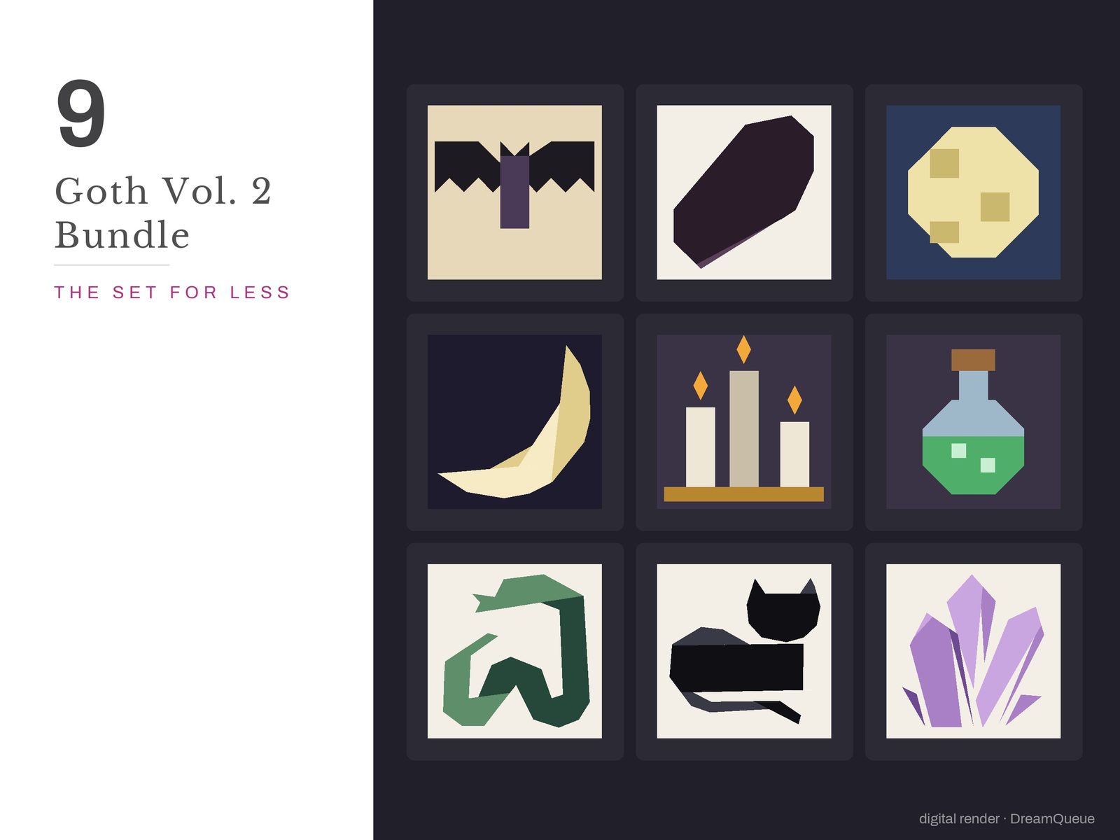 The Goth Vol. 2 bundle: 9 quilt blocks including the Spread-Wing Bat, sold together for less