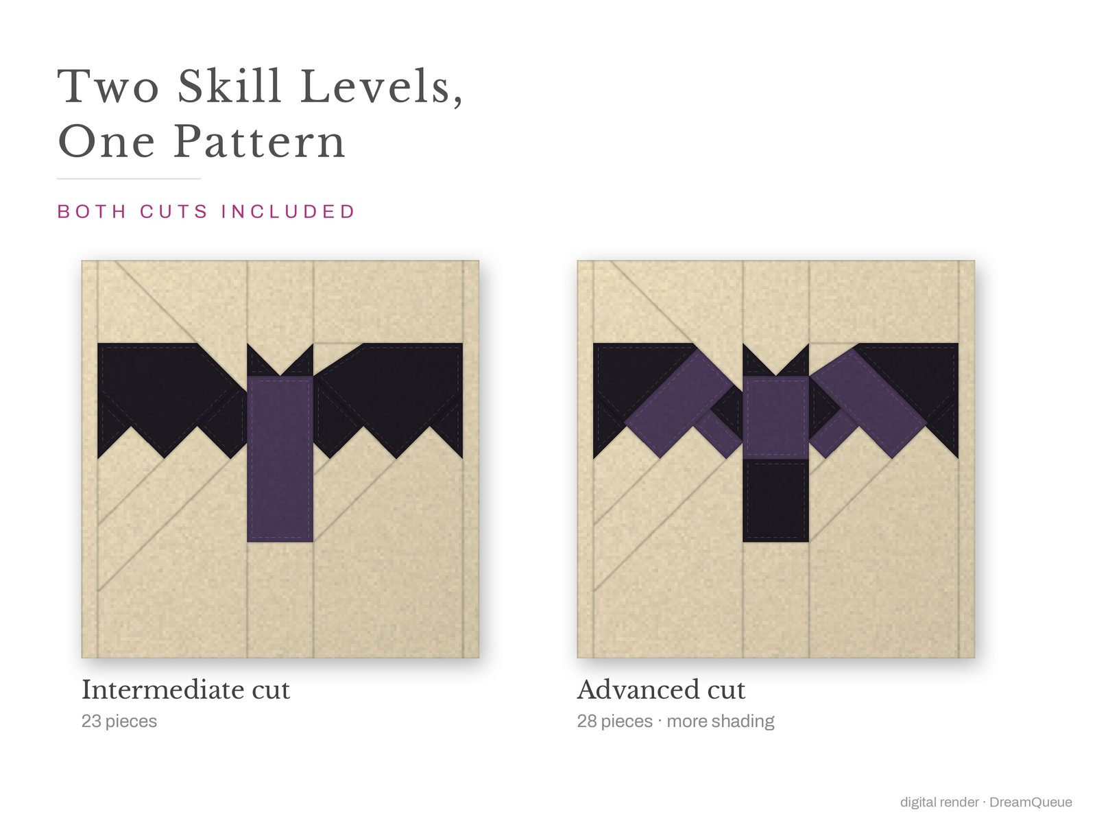 Skill level intermediate: no Y-seams, mirrored and labeled templates, every size checked, pieces numbered in sewing order, cutting chart and fabric to buy