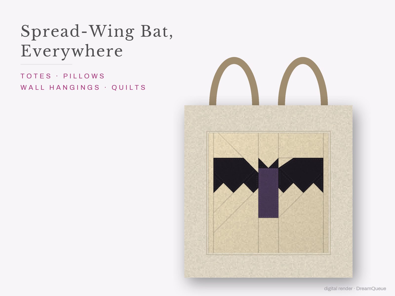 The Spread-Wing Bat quilt block sewn into a tote bag, one idea for totes, pillows, wall hangings and quilts