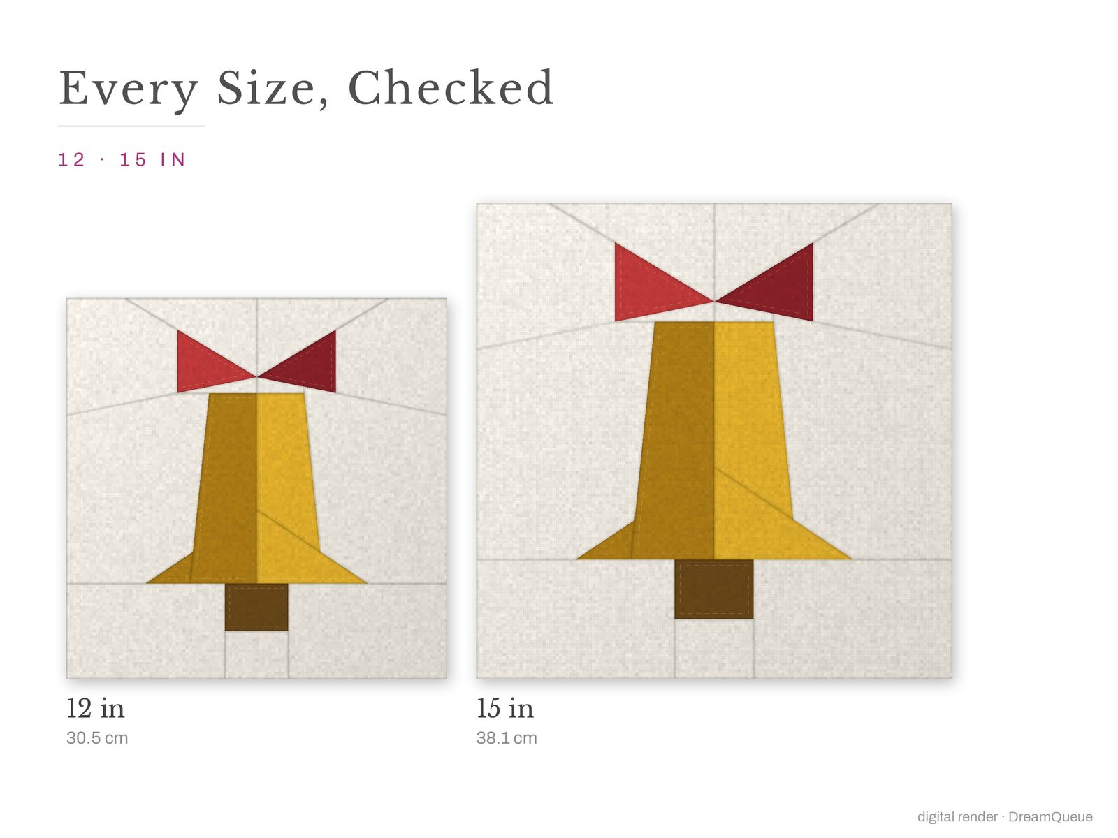 The Bell quilt block at every finished size: 12 and 15 inch