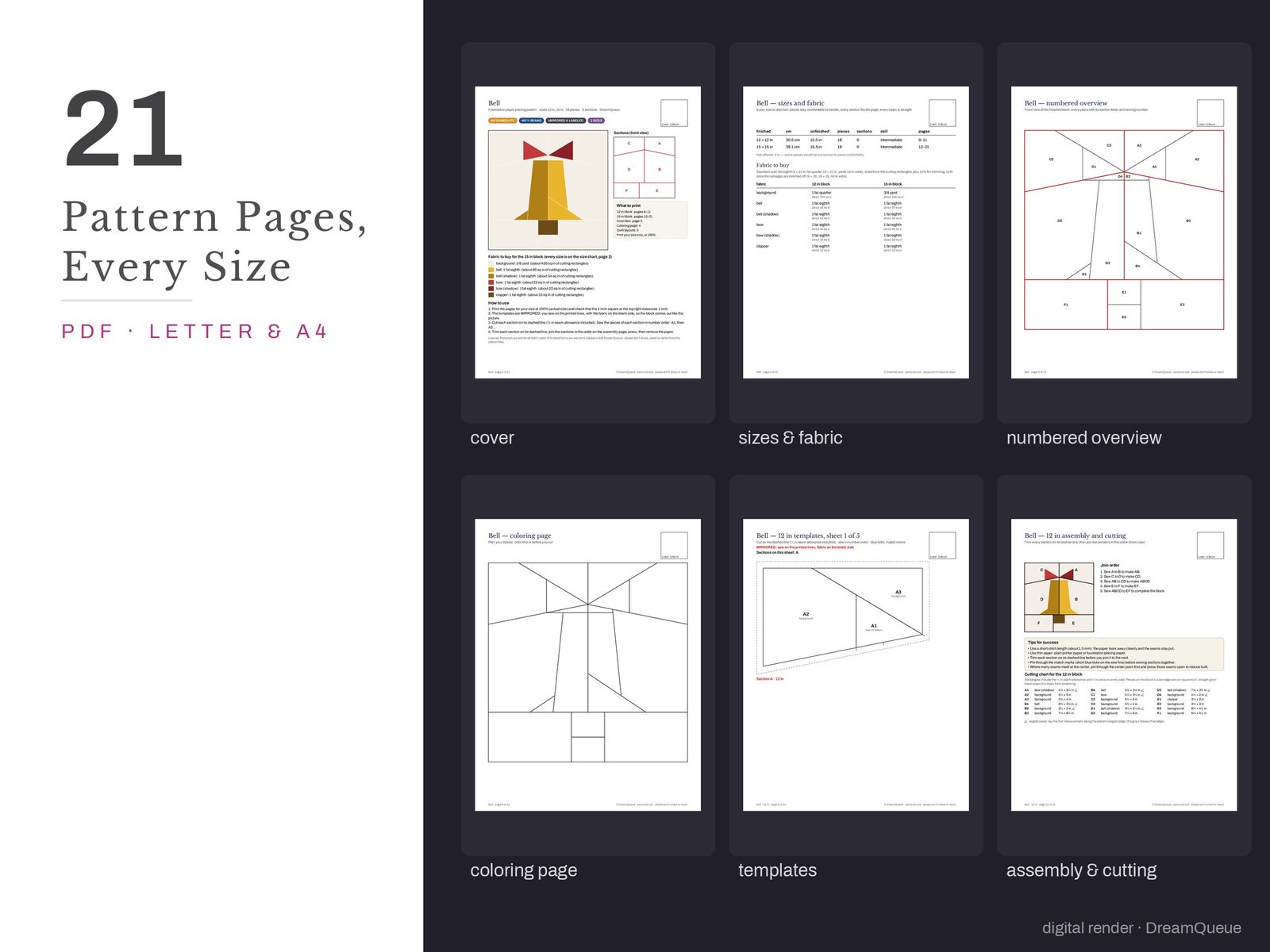 Thumbnails of the Bell quilt block pattern pages: cover, size and fabric chart, numbered overview, coloring page, templates, assembly and cutting chart