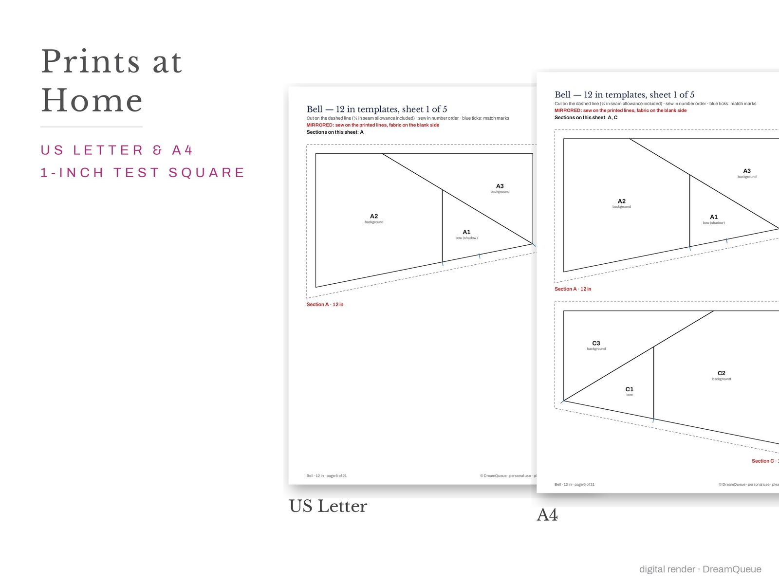 Bell quilt block templates printed on US Letter and A4 paper with a 1-inch test square to check the print scale