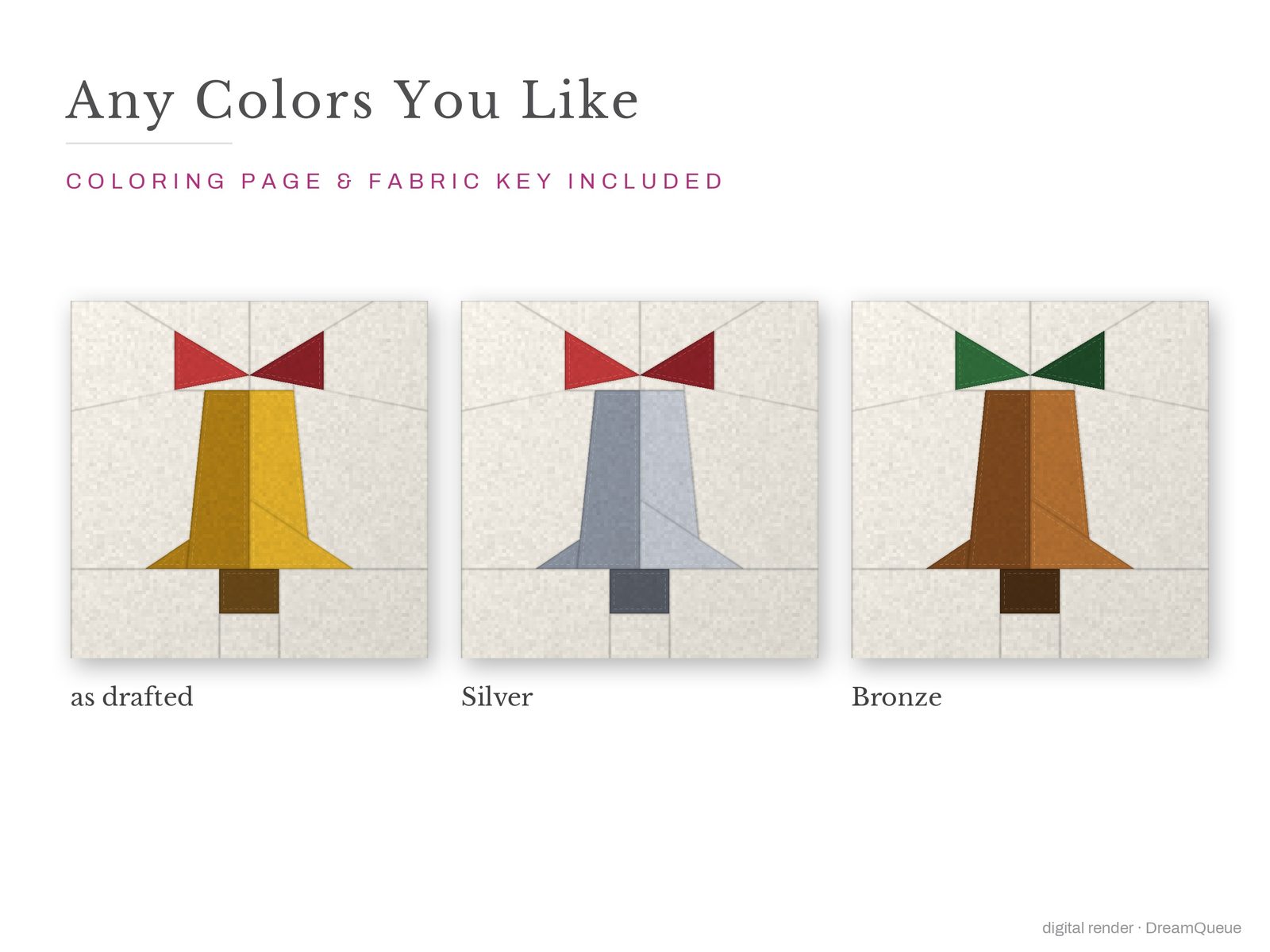 The Bell quilt block in three colorways, as drafted, pastel and jewel tones; a coloring page and fabric key are included