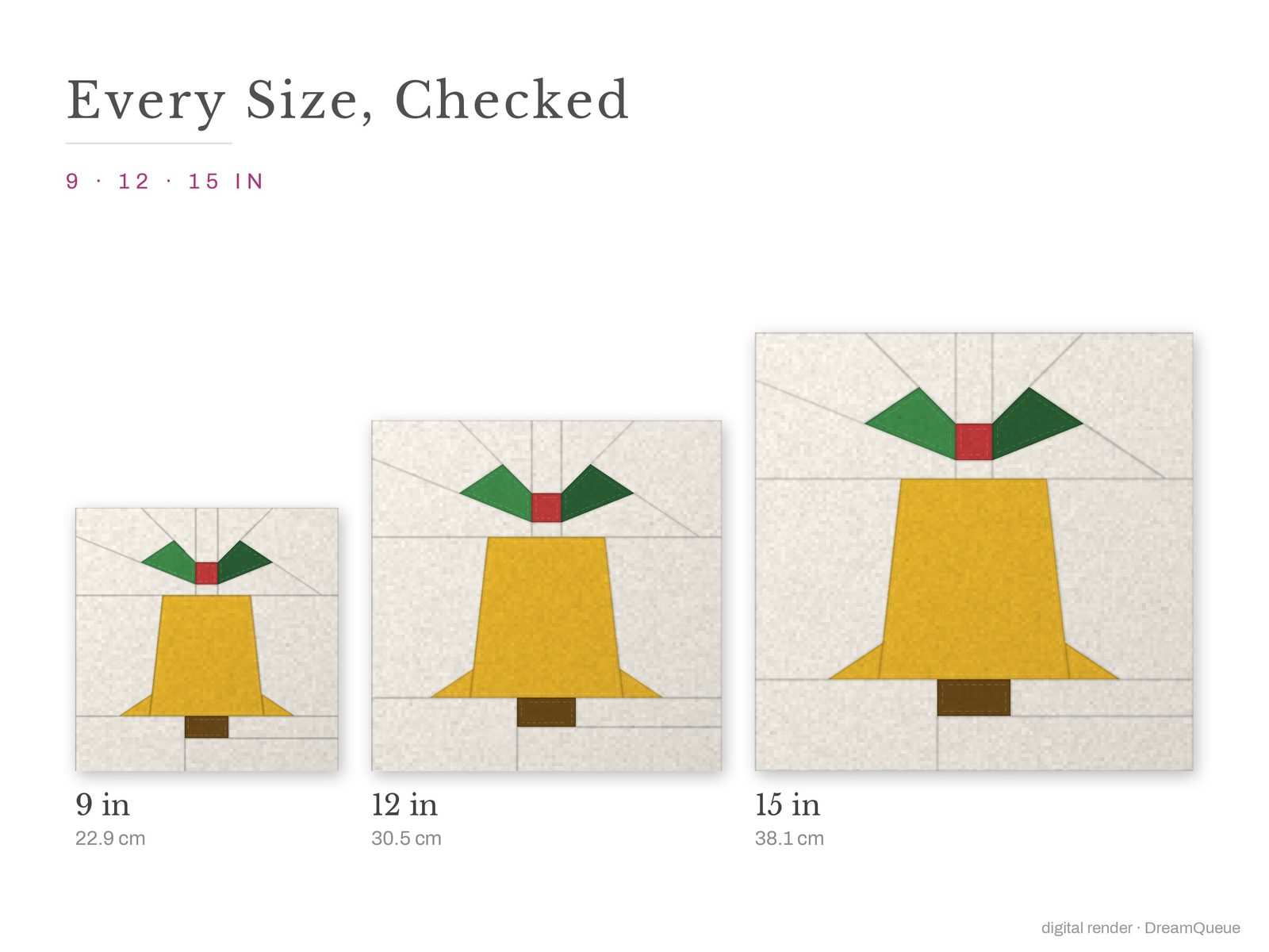 The Holly Bell quilt block at every finished size: 9, 12 and 15 inch
