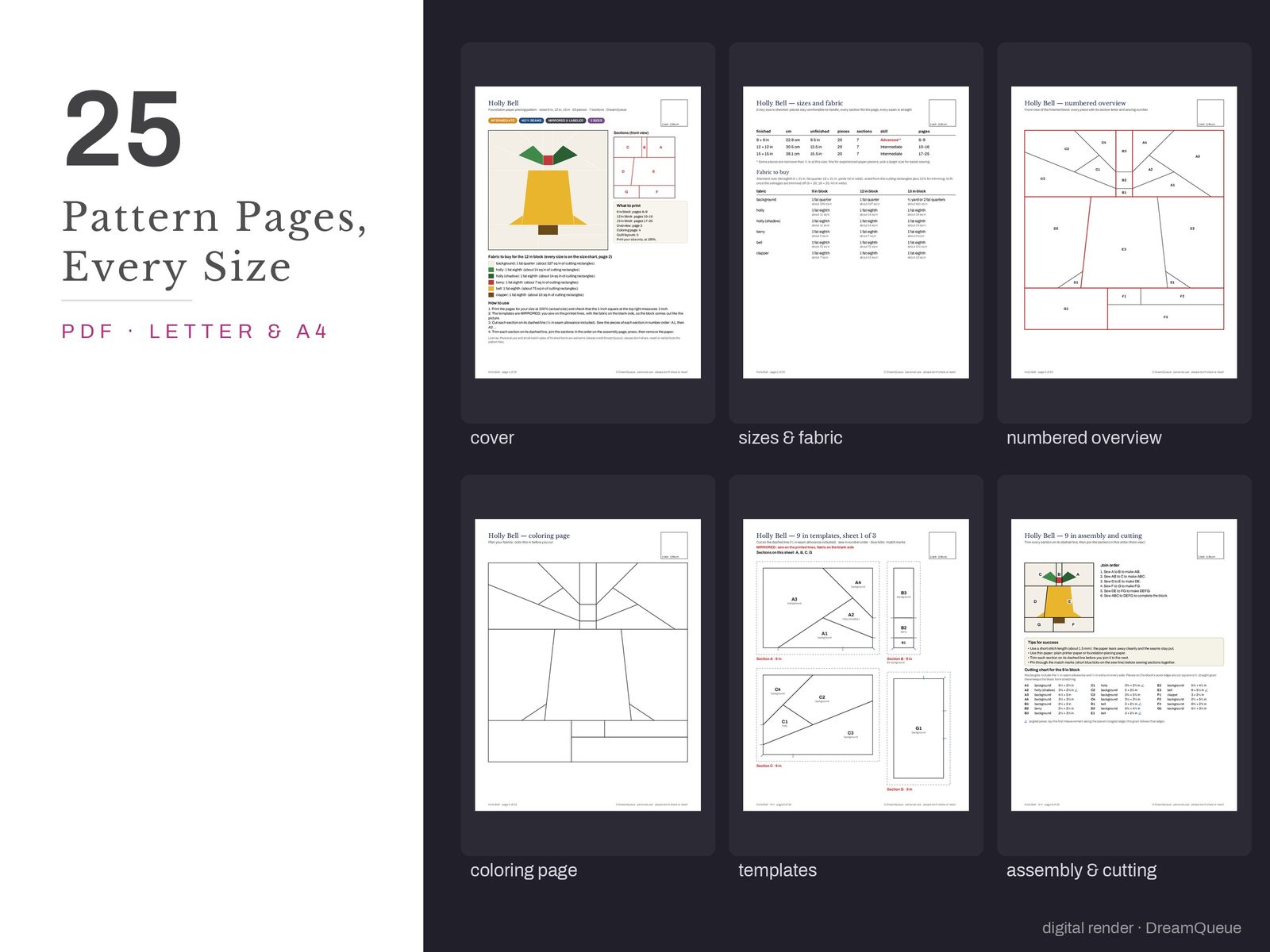 Thumbnails of the Holly Bell quilt block pattern pages: cover, size and fabric chart, numbered overview, coloring page, templates, assembly and cutting chart