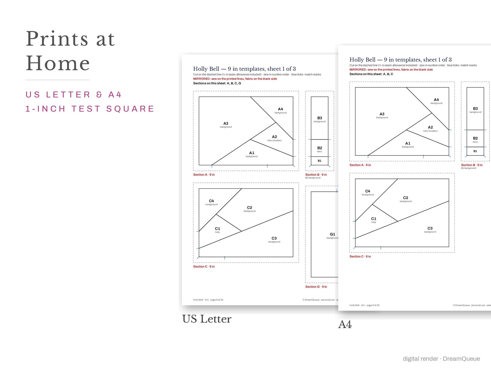 Holly bell quilt block templates printed on US Letter and A4 paper with a 1-inch test square to check the print scale