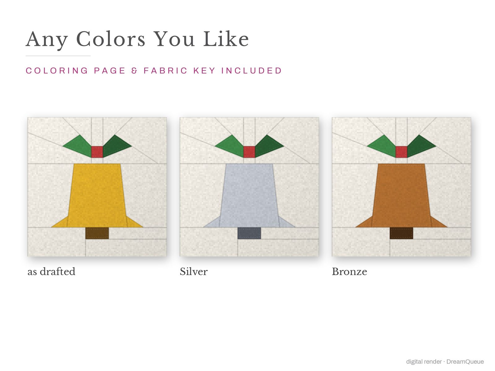 The Holly Bell quilt block in three colorways, as drafted, pastel and jewel tones; a coloring page and fabric key are included