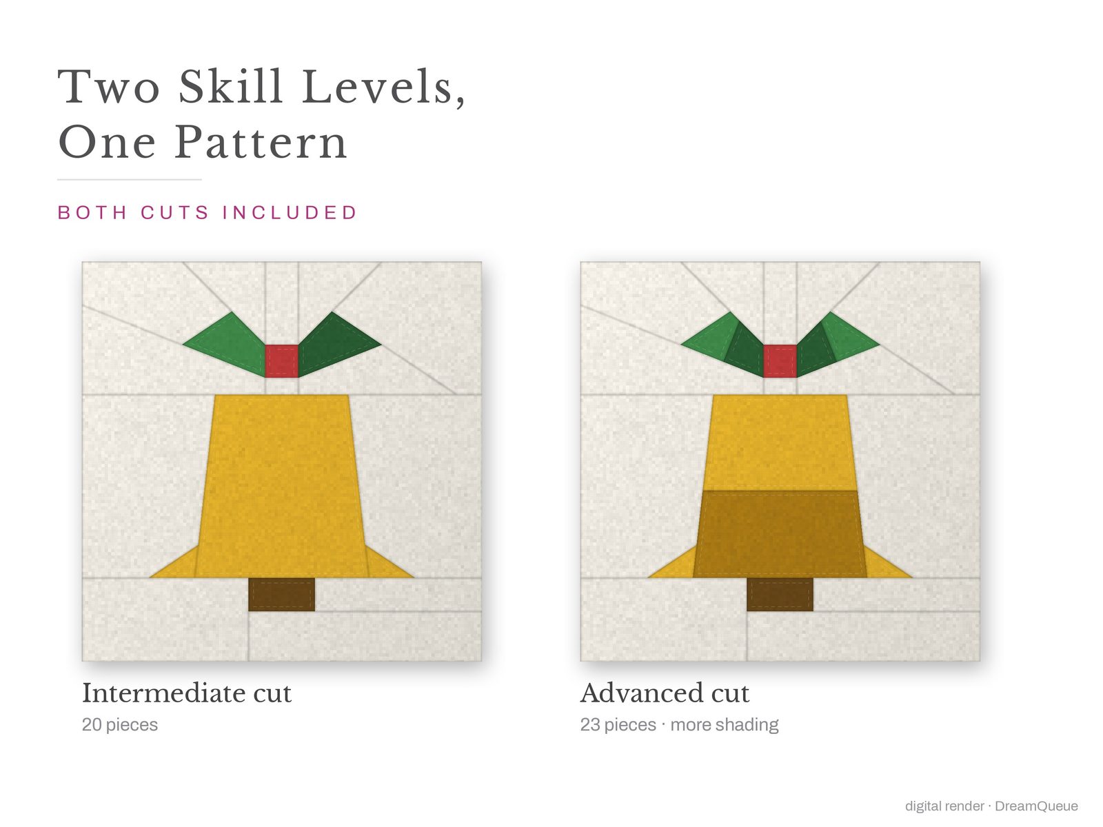 Holly Bell: Skill level intermediate: no Y-seams, mirrored and labeled templates, every size checked, pieces numbered in sewing order, cutting chart and fabric to buy