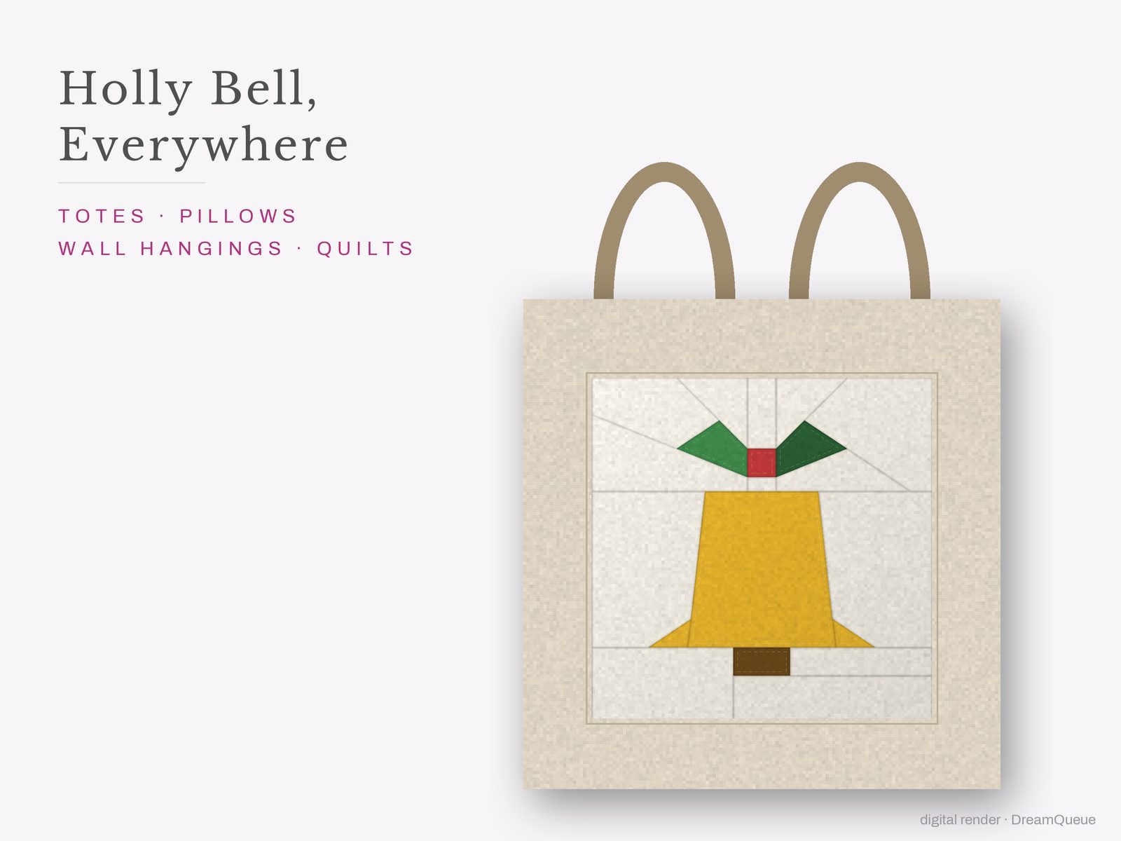 The Holly Bell quilt block sewn into a tote bag, one idea for totes, pillows, wall hangings and quilts