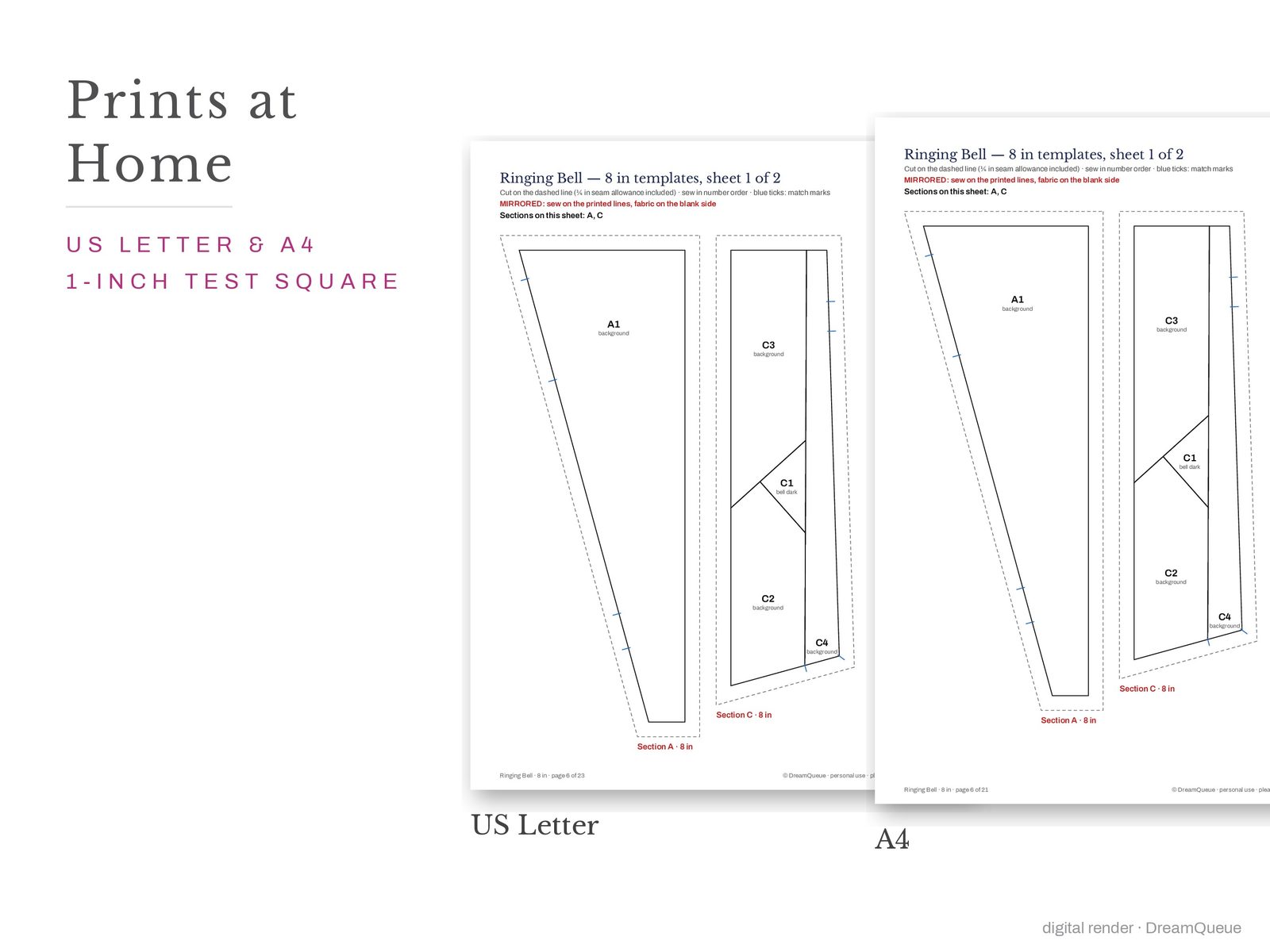 Ringing bell quilt block templates printed on US Letter and A4 paper with a 1-inch test square to check the print scale
