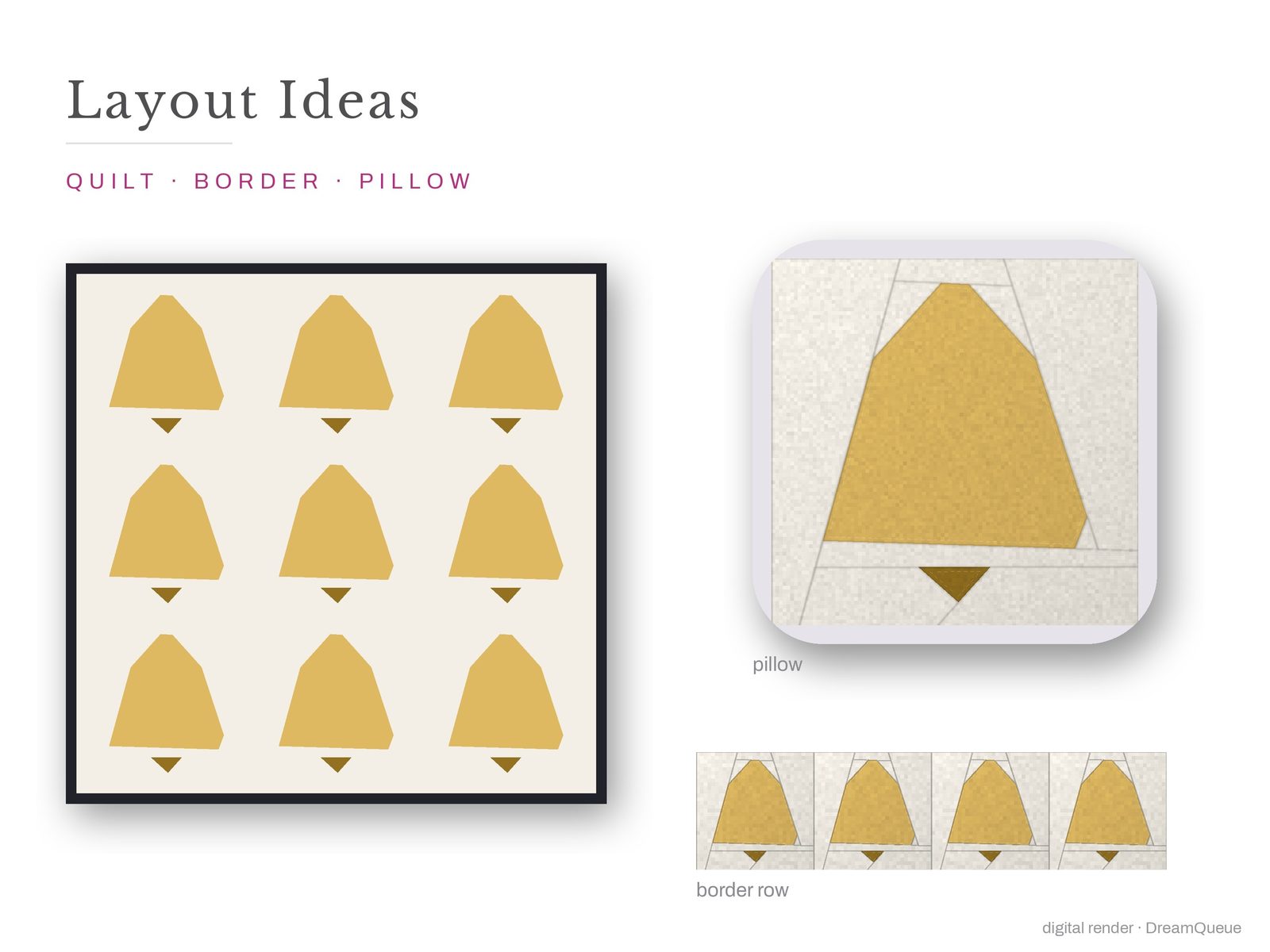 Layout ideas for the Ringing Bell quilt block: a full quilt, a border row and a pillow