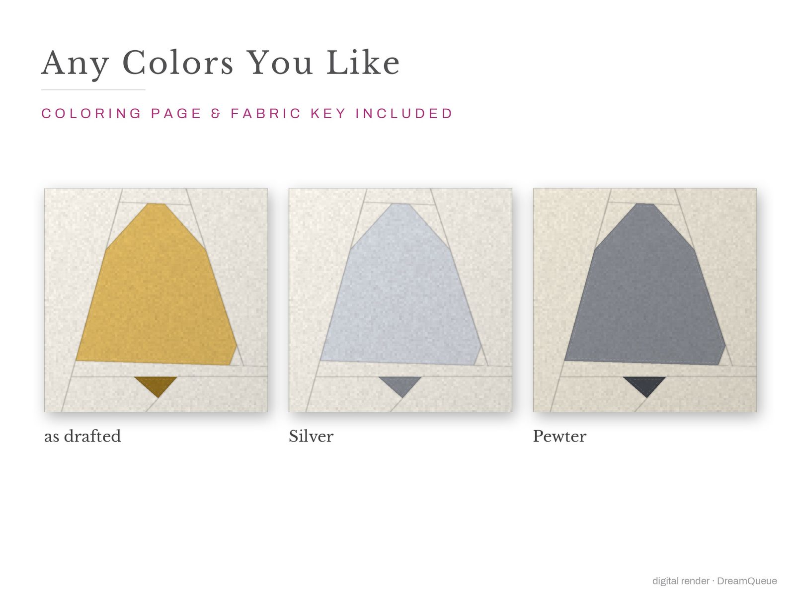 The Ringing Bell quilt block in three colorways, as drafted, pastel and jewel tones; a coloring page and fabric key are included