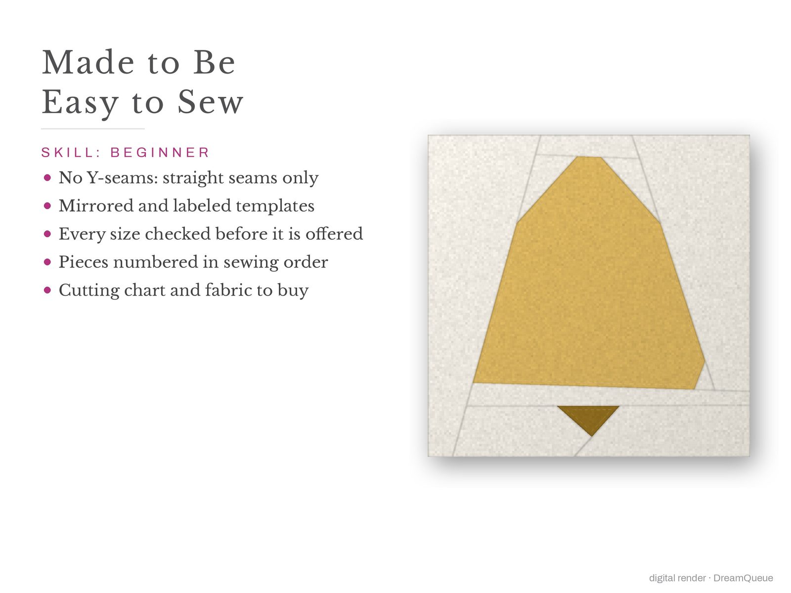 Ringing Bell: Skill level beginner: no Y-seams, mirrored and labeled templates, every size checked, pieces numbered in sewing order, cutting chart and fabric to buy