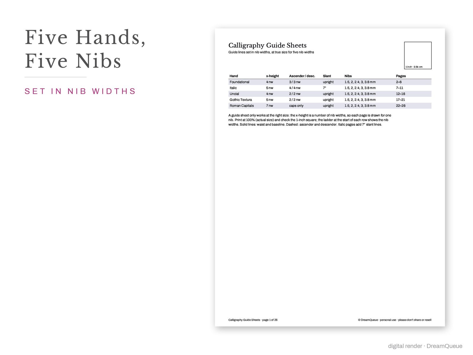 Calligraphy Guide Sheets: Index of hands and nib sizes