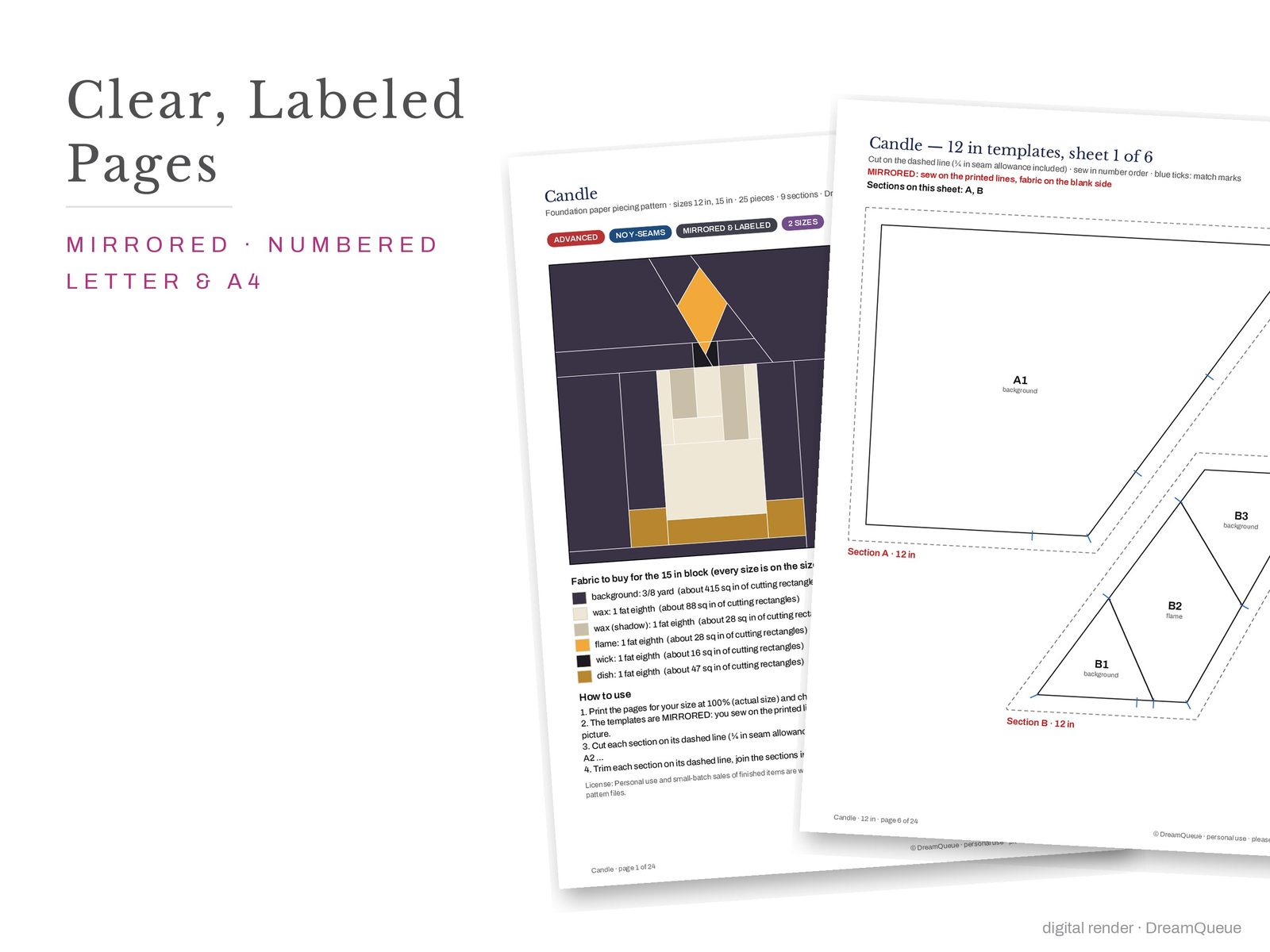 Cover page and a mirrored, numbered template sheet from the Candle quilt block FPP pattern