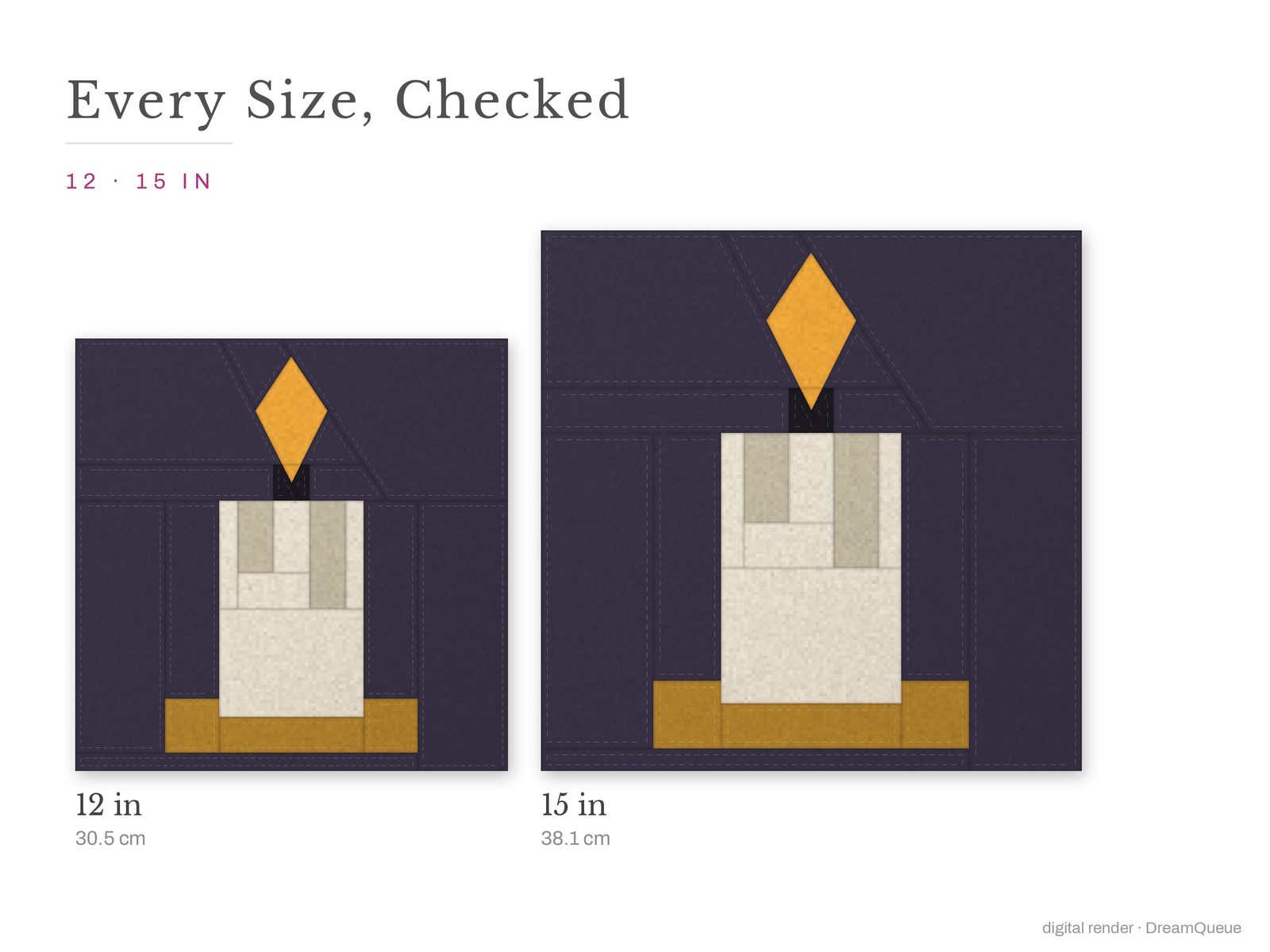 The Candle quilt block at every finished size: 12 and 15 inch