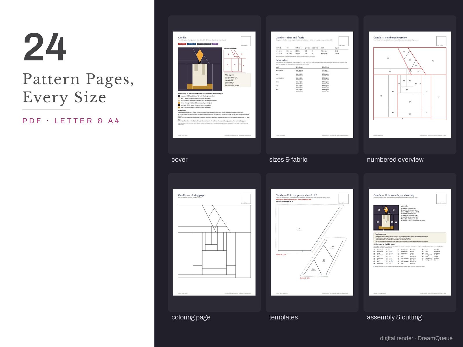 Thumbnails of the Candle quilt block pattern pages: cover, size and fabric chart, numbered overview, coloring page, templates, assembly and cutting chart