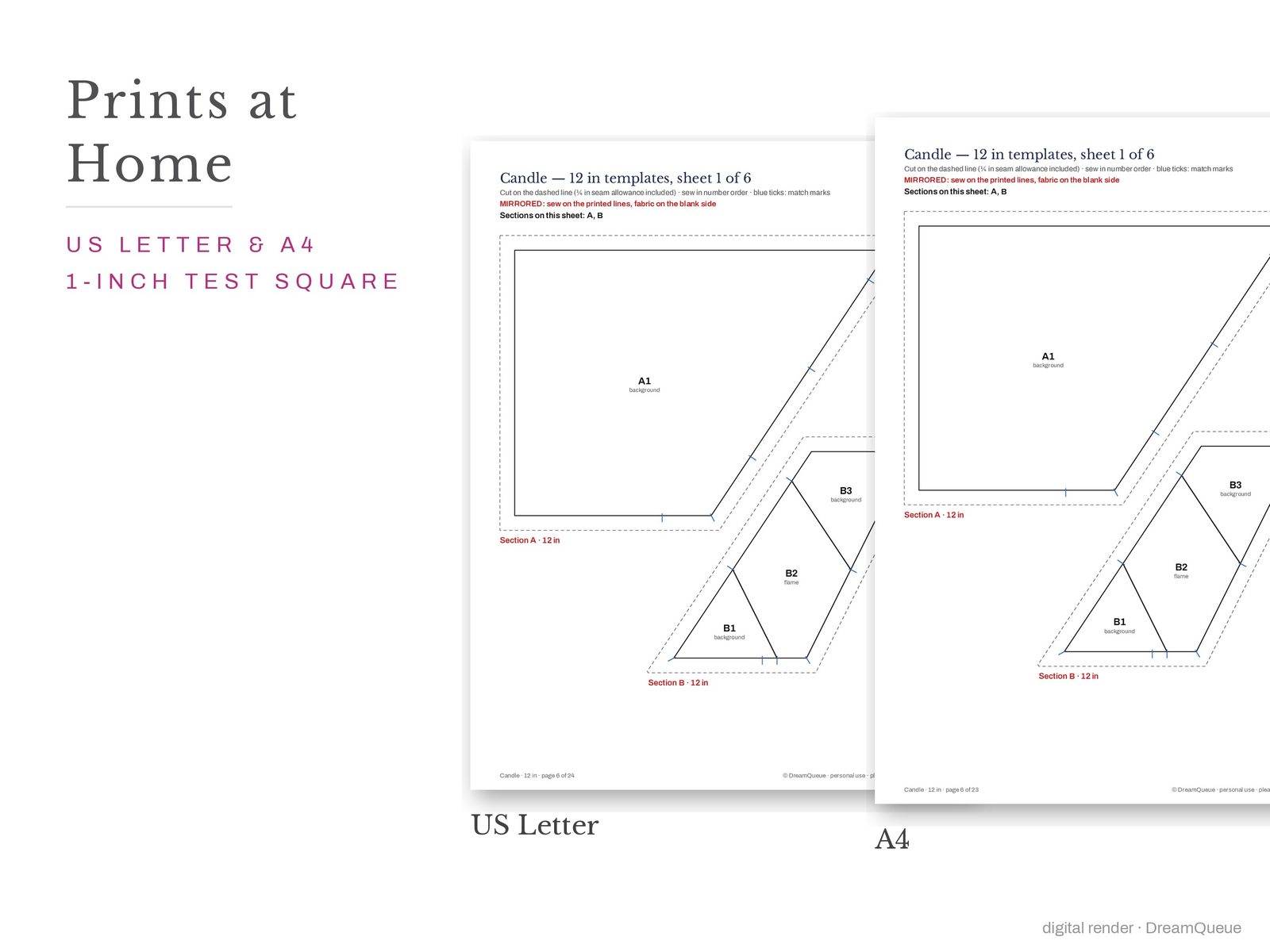 Candle quilt block templates printed on US Letter and A4 paper with a 1-inch test square to check the print scale