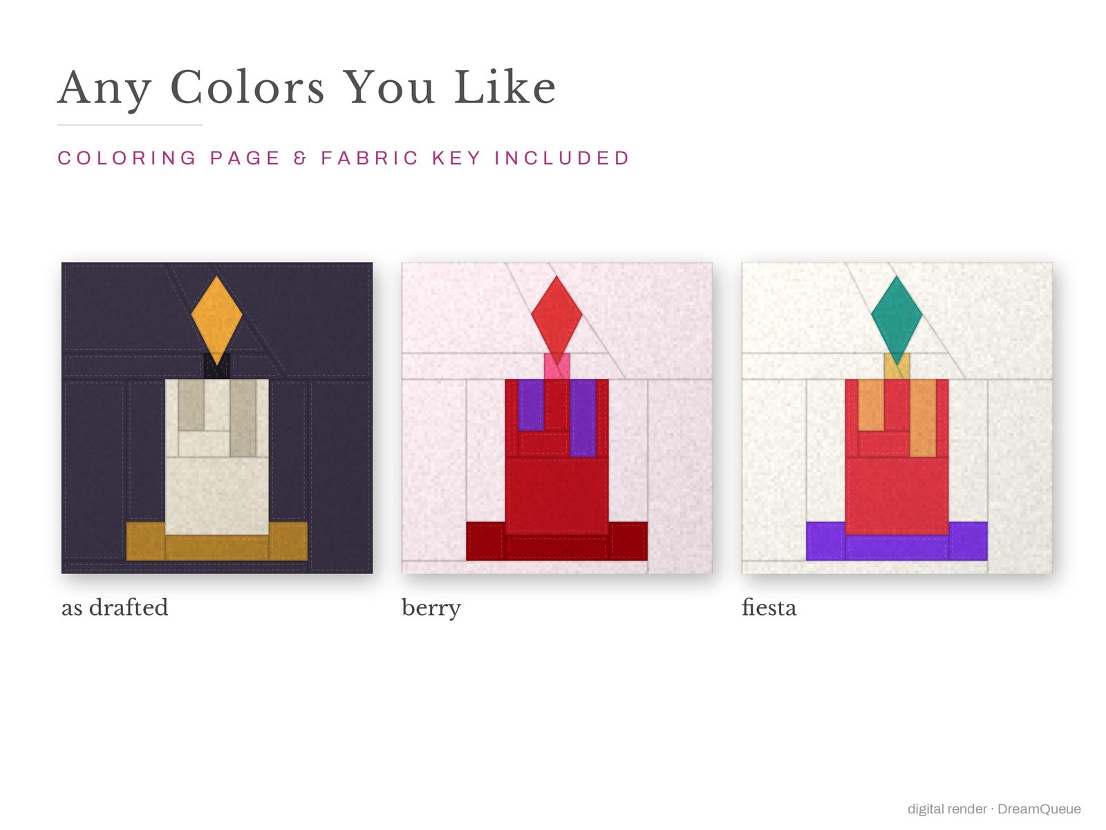 The Candle quilt block in three colorways, as drafted, pastel and jewel tones; a coloring page and fabric key are included