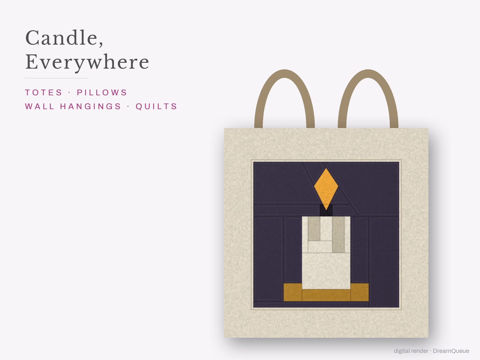 The Candle quilt block sewn into a tote bag, one idea for totes, pillows, wall hangings and quilts