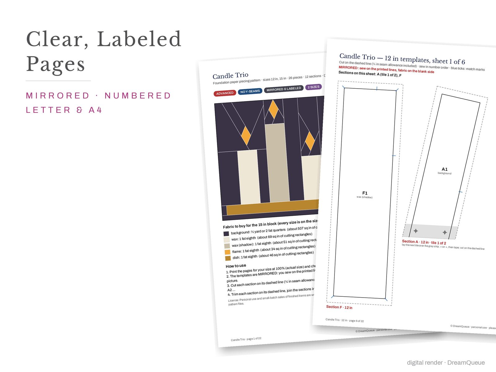 Cover page and a mirrored, numbered template sheet from the Candle Trio quilt block FPP pattern