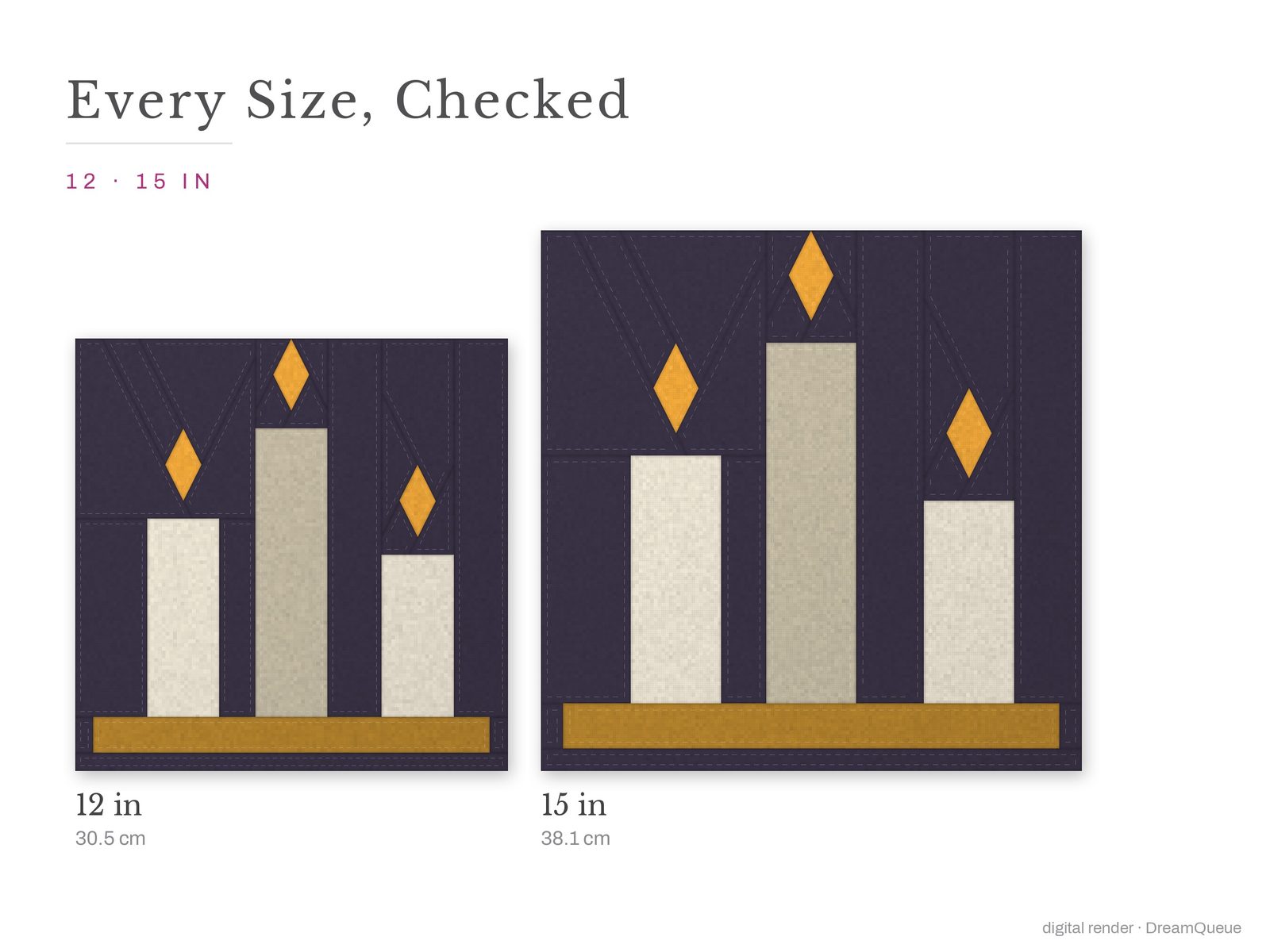 The Candle Trio quilt block at every finished size: 12 and 15 inch