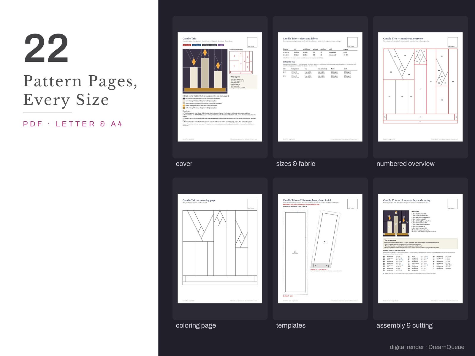 Thumbnails of the Candle Trio quilt block pattern pages: cover, size and fabric chart, numbered overview, coloring page, templates, assembly and cutting chart