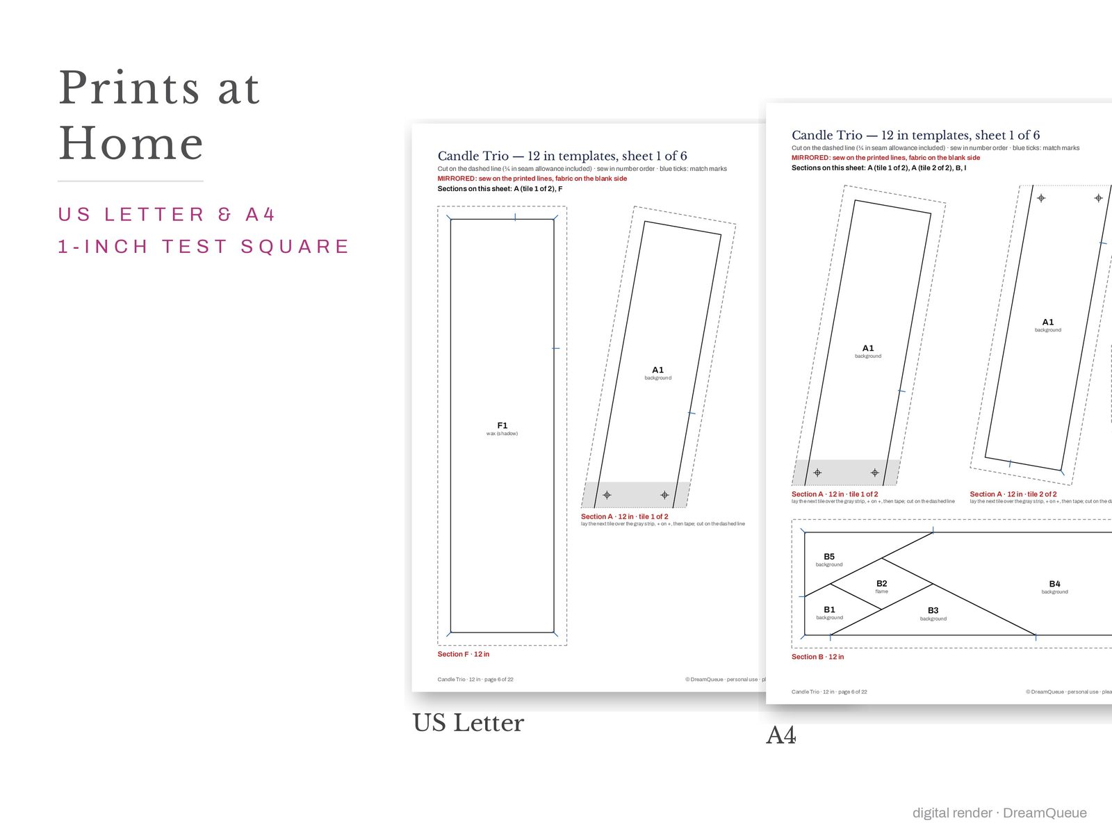 Candle trio quilt block templates printed on US Letter and A4 paper with a 1-inch test square to check the print scale