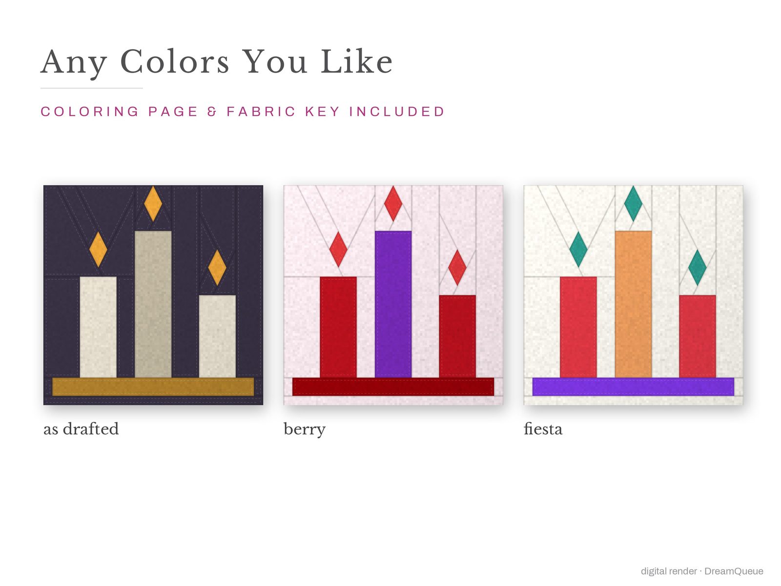 The Candle Trio quilt block in three colorways, as drafted, pastel and jewel tones; a coloring page and fabric key are included