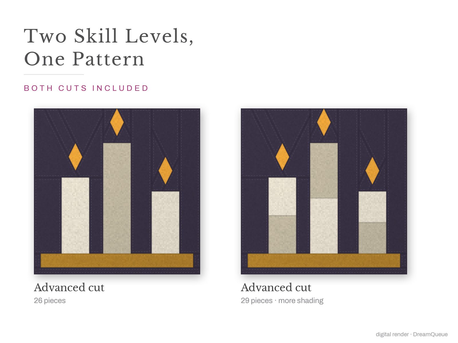 Candle Trio: Skill level advanced: no Y-seams, mirrored and labeled templates, every size checked, pieces numbered in sewing order, cutting chart and fabric to buy