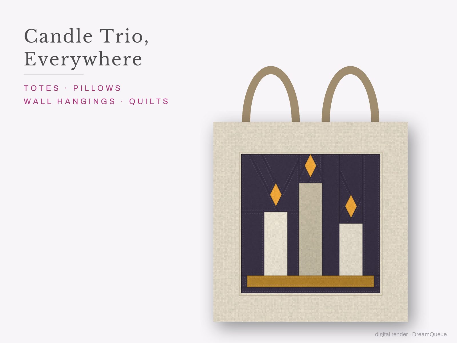 The Candle Trio quilt block sewn into a tote bag, one idea for totes, pillows, wall hangings and quilts