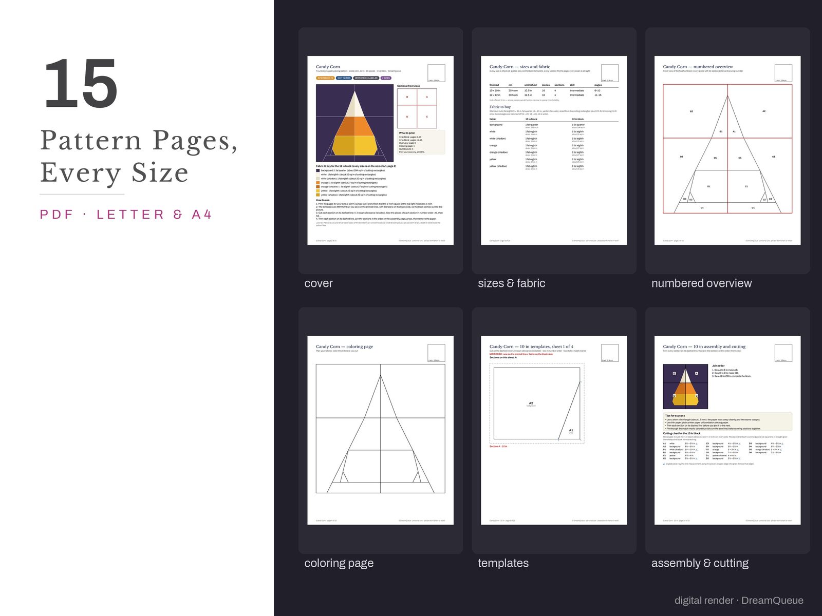 Thumbnails of the Candy Corn quilt block pattern pages: cover, size and fabric chart, numbered overview, coloring page, templates, assembly and cutting chart