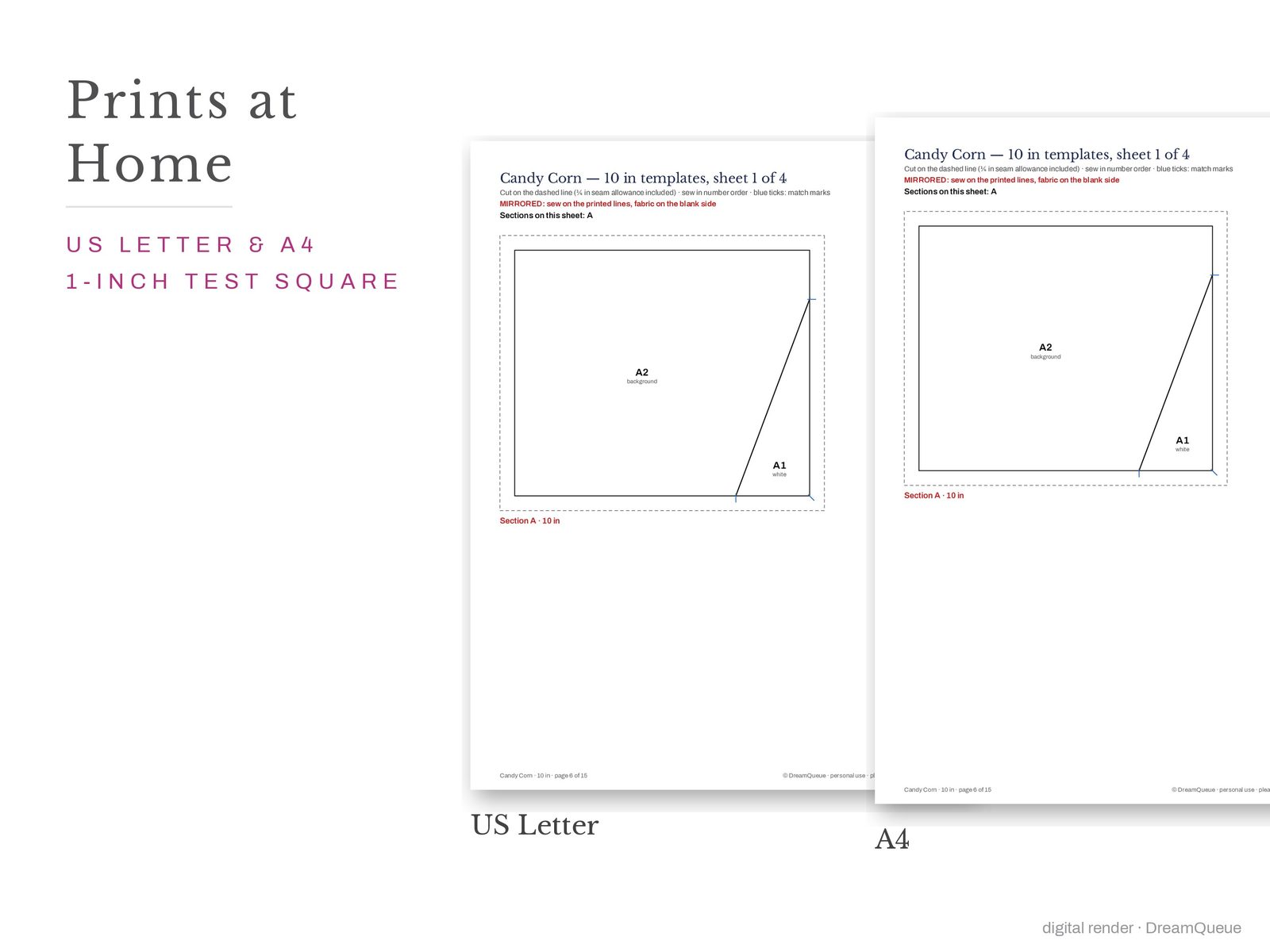 Candy corn quilt block templates printed on US Letter and A4 paper with a 1-inch test square to check the print scale