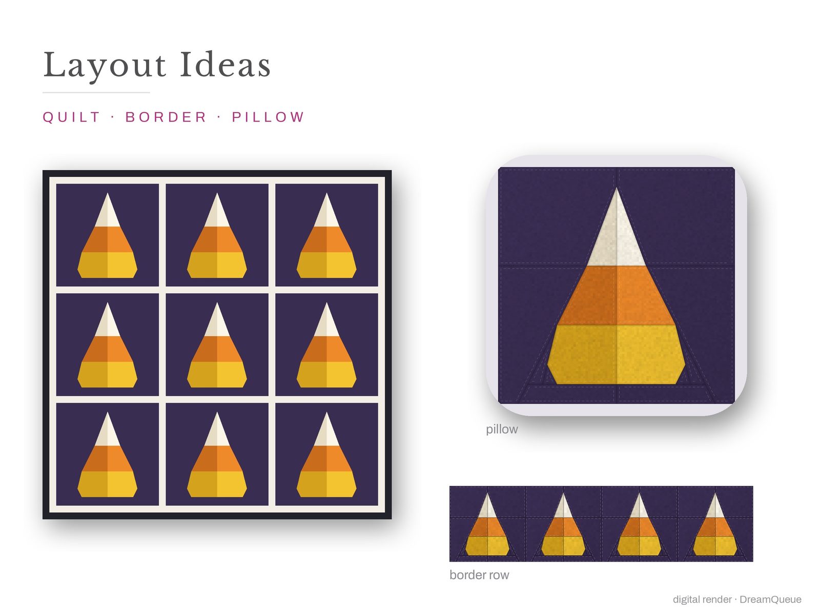 Layout ideas for the Candy Corn quilt block: a full quilt, a border row and a pillow